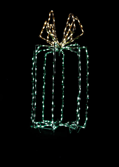 3D Giftbox Wire Decor - 20" Lights for Christmas Green with Gold Bow 